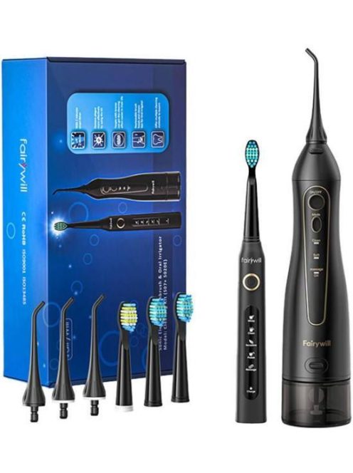 FairyWill FW-507+FW-5020E Szónikus fogkefe, fejkészlettel és szájzuhannyal fekete