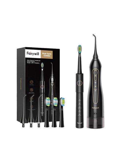 FairyWill FW-5020E + FW-E11 szónikus fogkefe fejkészlettel és szájzuhannyal fekete