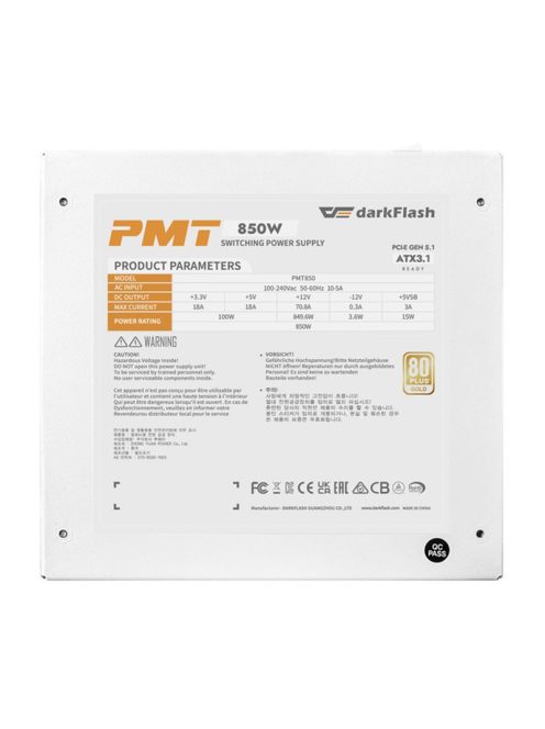 Darkflash PMT 80 Plus Gold 850W-os számítógépes tápegység fehér
