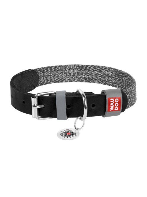 Kutyanyakörv természetes bőrből és újrahasznosított anyagból, QR kóddal Waudog L méretű, 25 mm széles, fekete színű.