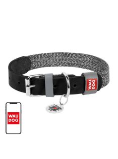   Kutyanyakörv természetes bőrből és újrahasznosított anyagból, QR kóddal Waudog L méretű, 25 mm széles, fekete színű.